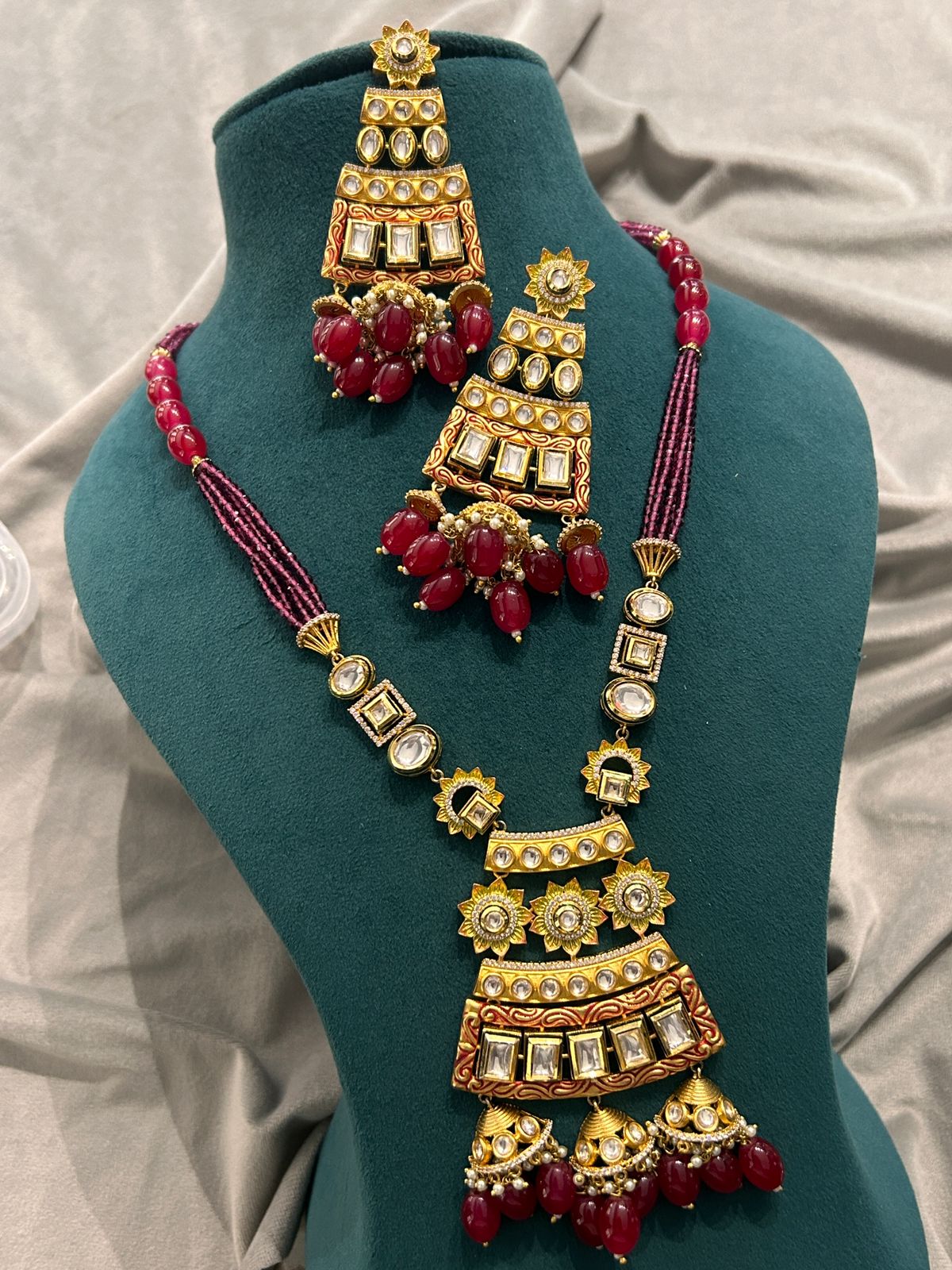 Temple-Inspired Kundan Necklace Set with Ruby Beads